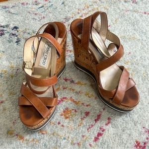 Jimmy Choo Strappy Cork Multi Wedges in Brown sz 37.5